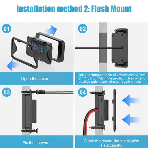 Installation guide for Two Pack 78W 4 Port 12V USB Wall Mount Charger Panel with button switch and lightweight socket.