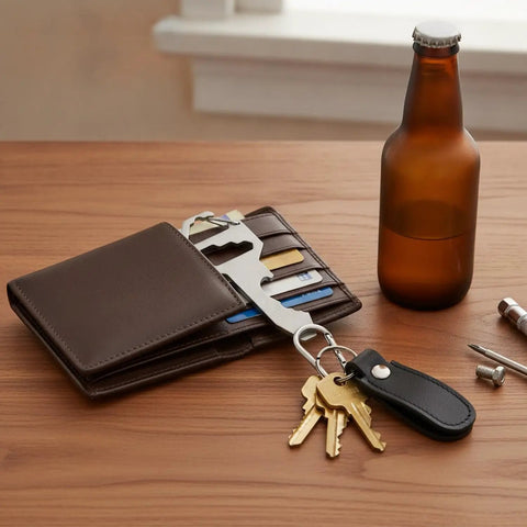 Metal Card Multitool With Bottle Opener, Flathead Screwdriver, And Hex Adjuster for Wallet or Keychain Everyday Carry on table