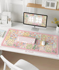 Pink Floral XXL Desk Pad For Keyboard And Mouse Extended 35.4 By 15.7 Inches Anti Slip Big Mouse Pad With Stitched Edges Ultra Smooth Lycra Surface Ideal For Gaming And Workstations Perfect Computer Desk Setup