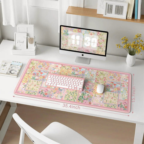Pink Floral XXL Desk Pad For Keyboard And Mouse Extended 35.4 By 15.7 Inches Anti Slip Big Mouse Pad With Stitched Edges Ultra Smooth Lycra Surface Ideal For Gaming And Workstations Perfect Computer Desk Setup