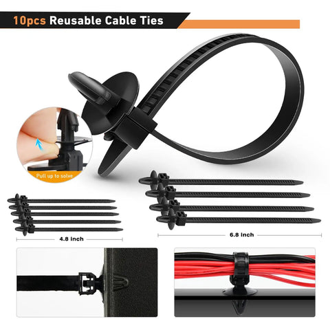 Must Have 941Pcs Car Retainer Clips And Auto Body Fasteners Kit with 10 reusable cable ties shown with dimensions and application.