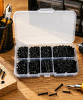 Top Shelf Black Phillips Self Tapping Screws 800 Piece Assortment Kit in organized case on workbench with tools.