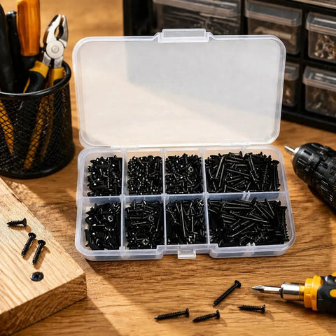 Top Shelf Black Phillips Self Tapping Screws 800 Piece Assortment Kit in organized case on workbench with tools.