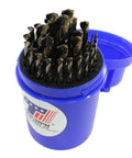 Go To High Speed Steel Drill Set 1/16 To 1/2 Inch By 64ths With Black And Bronze Oxide Coating, Jobber Length, 135 Degree Split Point For General Purpose Drilling, Clip On Plastic Index, 1 Pack, Made In USA in open blue container