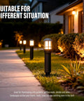 4 Pack Low Voltage Pathway Lights Dope 3W LED Outdoor Landscape Lighting 120 Lumen 3000K Warm White Wired Walkway And Driveway Lights In Black Metal With Connector illuminating a garden path at night.