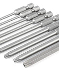 9-piece Security Torx 90mm Power Blade Set displayed in a row, showcasing pro grade steel and long reach design for heavy duty fastener drives.