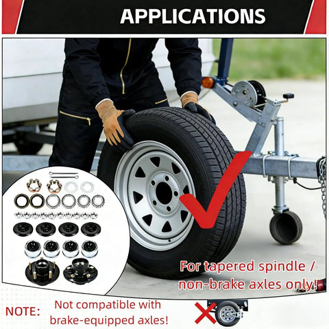 Person installing Heavy Duty 3500Lbs Trailer Hub Kit With 5 Bolt 4.5 Inch Hubs on trailer, fits tapered spindles.