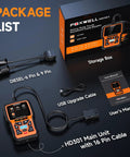 Package contents of Heavy Duty Truck Scanner With 6 9 16 Pin Adapters, storage box, cables, and user manual visible.