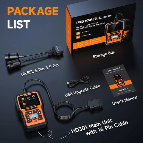 Package contents of Heavy Duty Truck Scanner With 6 9 16 Pin Adapters, storage box, cables, and user manual visible.