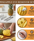 Heavy Duty Stainless Steel Pineapple Eye Remover Tool Set With Eye Clip And V Shape Cutter Knife for kitchen use, showing tools and sliced pineapple.