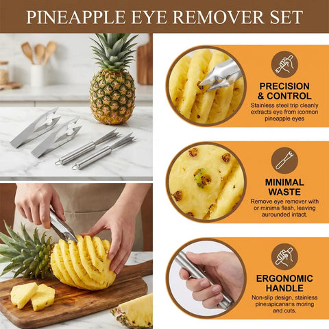 Heavy Duty Stainless Steel Pineapple Eye Remover Tool Set With Eye Clip And V Shape Cutter Knife for kitchen use, showing tools and sliced pineapple.