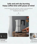 Fully Automatic Mocha Coffee Pot Electric Moka Pot Stainless Steel One Touch Coffee Maker For 3 To 6 Cups displayed on counter.