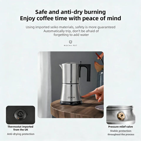 Fully Automatic Mocha Coffee Pot Electric Moka Pot Stainless Steel One Touch Coffee Maker For 3 To 6 Cups displayed on counter.
