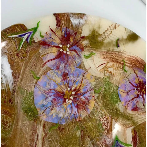 Close-up of 18 Inch Floral Epoxy Resin Lazy Susan With Turquoise Painted Wooden Base featuring intricate floral design.