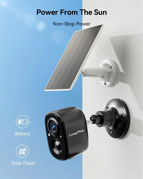 Solar Powered Wireless Outdoor Security Cameras 2 Pack With AI Motion Detection And 2 Way Talk 2K Battery Powered WiFi Cameras Cloud And SD Storage Color Night Vision AI Event Analysis Easy Setup mounted with solar panel
