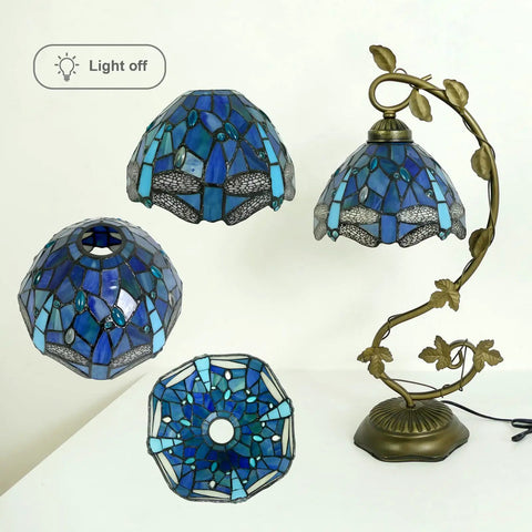 Sea Blue Dragonfly Handmade Stained Glass Desk Lamp With Metal Leaf Base Vintage Curved Reading Light For Bedside Living Room Or Office LED Bulb Included Easy Assembly Soft Warm Glow, showcasing stained glass shade and metal base.