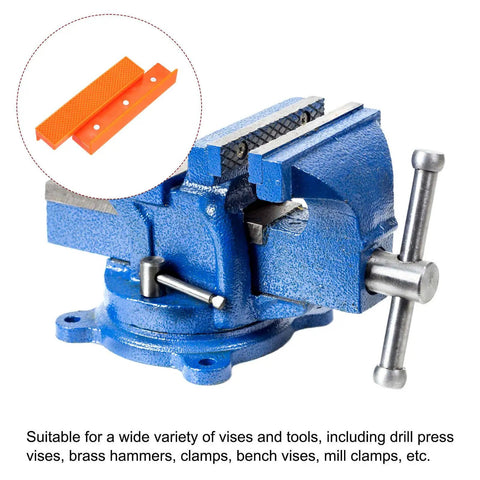Tough As Nails Magnetic Vise Jaws 5 Inch Rubber Pad Pair Non Slip Bench Vise Protectors with blue bench vise and orange pads.
