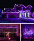 Purple 66 Foot 200 LED String Lights With 8 Modes For Indoor And Outdoor Christmas Tree Wedding Party Decor End To End Connectable Up To Four Sets Lit Fairy Glow For Any Event decorating a house and indoor spaces with a soft glow.