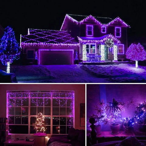 Purple 66 Foot 200 LED String Lights With 8 Modes For Indoor And Outdoor Christmas Tree Wedding Party Decor End To End Connectable Up To Four Sets Lit Fairy Glow For Any Event decorating a house and indoor spaces with a soft glow.