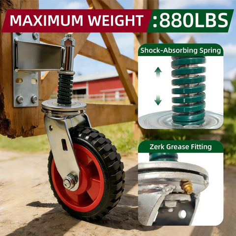 Heavy Duty Gate Wheel Caster For Metal And Wood Gates, 8 Inch Wheel, 360 Degree Swivel Spring Loaded with grease fitting close-up