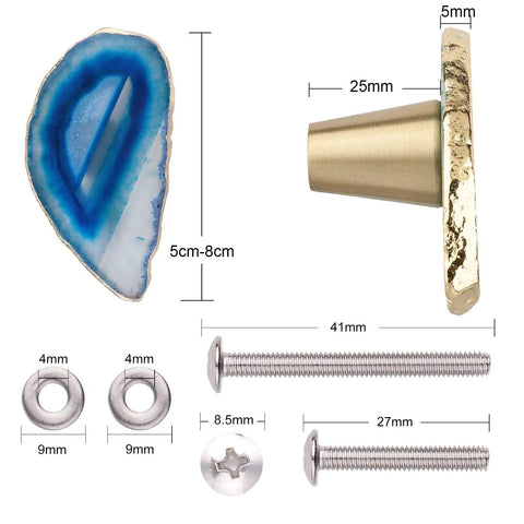 Four Pack Gold Plated Agate Slice Cabinet Knobs With Real Brass Drawer Pull Handles, dimensions and included screws displayed.