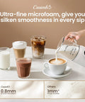 4 In 1 Milk Frother With Led Touch Screen And Ceramic Lined Bottom, 13.5 Oz Capacity For Barista Grade Cafe Style Lattes Cappuccinos And Macchiatos At Home, Transparent Glass Shows Frothing, White, pouring frothed milk into coffee cup next to various beverages.