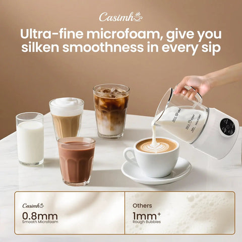 4 In 1 Milk Frother With Led Touch Screen And Ceramic Lined Bottom, 13.5 Oz Capacity For Barista Grade Cafe Style Lattes Cappuccinos And Macchiatos At Home, Transparent Glass Shows Frothing, White, pouring frothed milk into coffee cup next to various beverages.