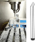 Morse Taper Dead Center MT1 MT2 Steel for precise shaft machining in lathe operations with 0.010 inch accuracy displayed next to milling machine.