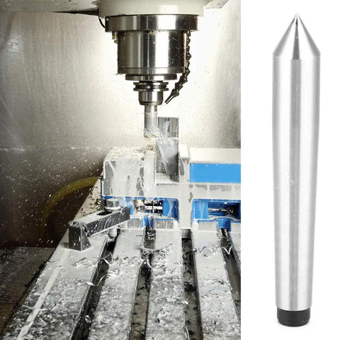 Morse Taper Dead Center MT1 MT2 Steel for precise shaft machining in lathe operations with 0.010 inch accuracy displayed next to milling machine.