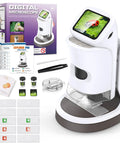 Kids 1000X Digital Microscope With Screen For Ages 5 To 12 Handy Pocket Microscope Portable Rechargeable STEM Science Kit Awesome Educational Toy Gift For Boys And Girls 1080P Display For Indoor And Outdoor Explorations, white handheld unit with stand