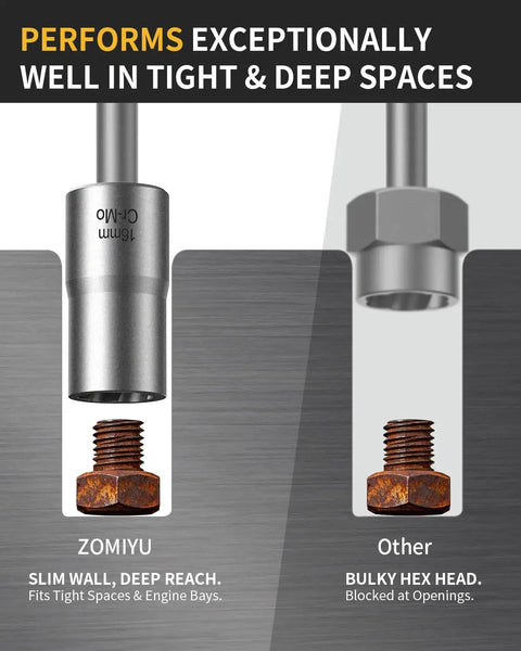 Heavy-Duty 16-Piece Bolt Extractor Kit For Half Inch Drive Impact showing slim wall Cr-Mo socket reaching tight space with rusted bolt
