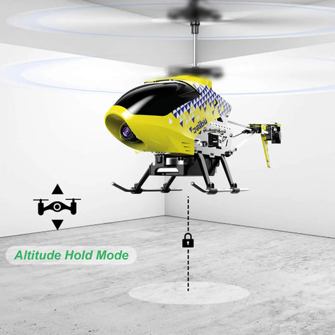 Dope Mini RC Helicopter With Camera For Kids And Adults U12S in altitude hold mode, indoors, showing stability feature in flight