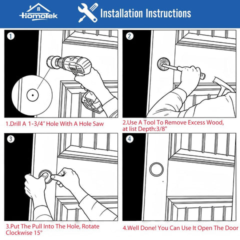 Installation instructions for 8 Pack Black Closet Door Finger Pulls 1-3/4 Inch Diameter Opening Fits 3/8 Inch Depth Easy Snap In Installation
