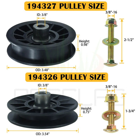 Two Pack Pulley Set With Flat Idler Pulleys 532194326 And 532194327 For Husqvarna Craftsman Lawn Mowers, showing dimensions