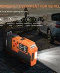 All In One Jump Starter With Air Compressor On The Go 4000A Portable Battery Pack with LED light next to parked car