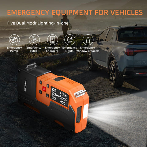 All In One Jump Starter With Air Compressor On The Go 4000A Portable Battery Pack with LED light next to parked car