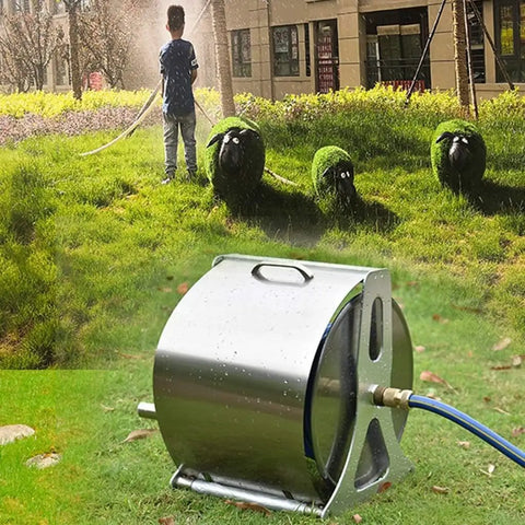 Heavy Duty Retractable Hose Cart Reel With Protective Cover And Seamless Rolling Wheels For Hassle Free Garden Watering And Pro Car Wash Cleanup Wall Mounted Stainless Design on grass with garden sprinkling.