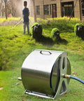Solid Retractable Hose Cart With Weatherproof Roll Cover Wall Mounted Stainless Steel Yard Watering And Car Wash Reel on grass with child watering garden.