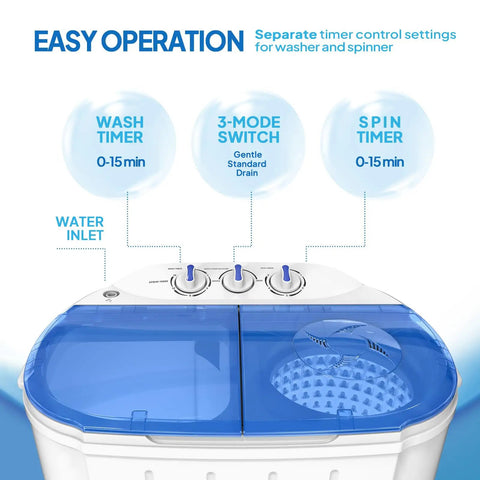 Compact Electric Washer And Dryer Combo Featuring Separate Wash And Spin Bins, No Sweat Gravity Drain, Easy As Pie Timer Controls