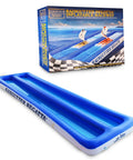 Inflatable Raingutter Regatta Raceway For Scouts And Backyard Racers, box and deflated blue raceway, 29in x 10ft, easy drain patch