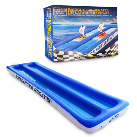 Inflatable Raingutter Regatta Raceway For Scouts And Backyard Racers, box and deflated blue raceway, 29in x 10ft, easy drain patch