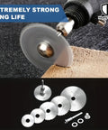 Close-up of 8 Piece High Speed Steel Mini Saw Blade Set for Drills and Rotary Tools cutting wood, with heavy-duty design display.