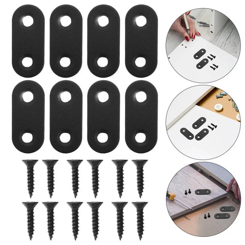 Heavy Duty Black Flat Metal Corner Shelf Brackets Set 20 Pack with screws, for furniture and bed frames, shown in use.