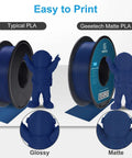 Navy Blue 1.75mm Matte PLA Filament 1kg Spool For 3D Printing comparison with typical PLA, highlighting smooth matte finish and layer line hiding.