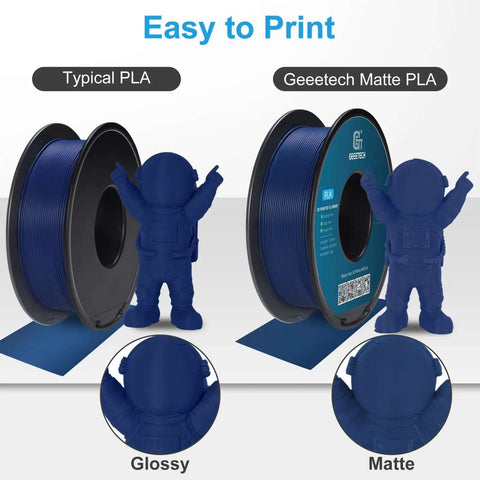 Navy Blue 1.75mm Matte PLA Filament 1kg Spool For 3D Printing comparison with typical PLA, highlighting smooth matte finish and layer line hiding.