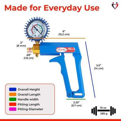 LeLuv Maxi manual vacuum pump with blue body, gauge, and ergonomic nylon handle (front view)