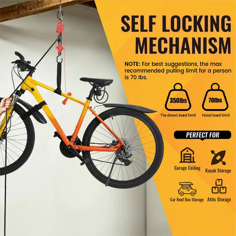 Self Locking Block and Tackle Pulley System With 36 Foot Three Eighths Inch Rope Hands Free Hoist Limit 70 Lbs Tie Down Limit 350 Lbs Rope Hoist Hanger For Bike Kayak Deer Hunting Garage Storage Gear 1 Pack ceiling hoist lifting a bike