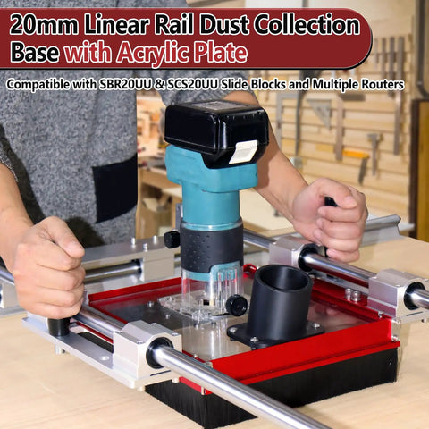 Heavy Duty Router Sled Slide Connector With Killer Dust Control For 20mm Linear Rails And Sbr20uu Scs20uu Slides shown mounted on a workbench for surface planing