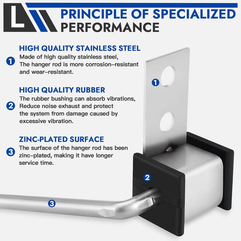 Beefy Heavy Duty Stainless Steel Exhaust Hanger Rods, 3/8 Inch By 10 Inch, Weld-On Design, highlighting zinc-plated surface and rubber bushing.
