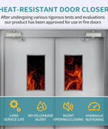Heat-resistant door closer installed on double doors, featuring medium duty hydraulic mechanism for fire door application.